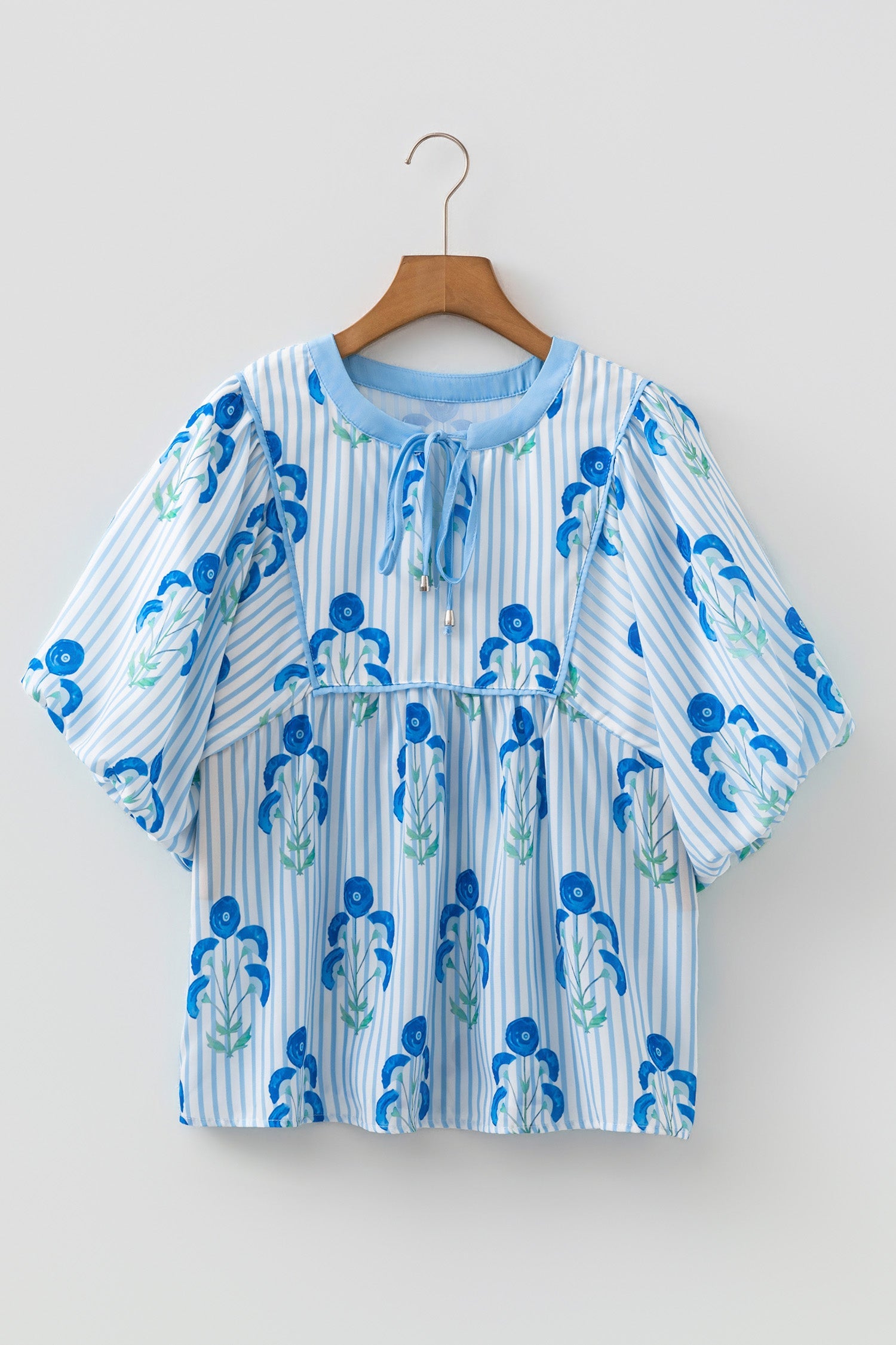 Sky Blue Floral Print Tie Neck Puff Sleeve Blouse