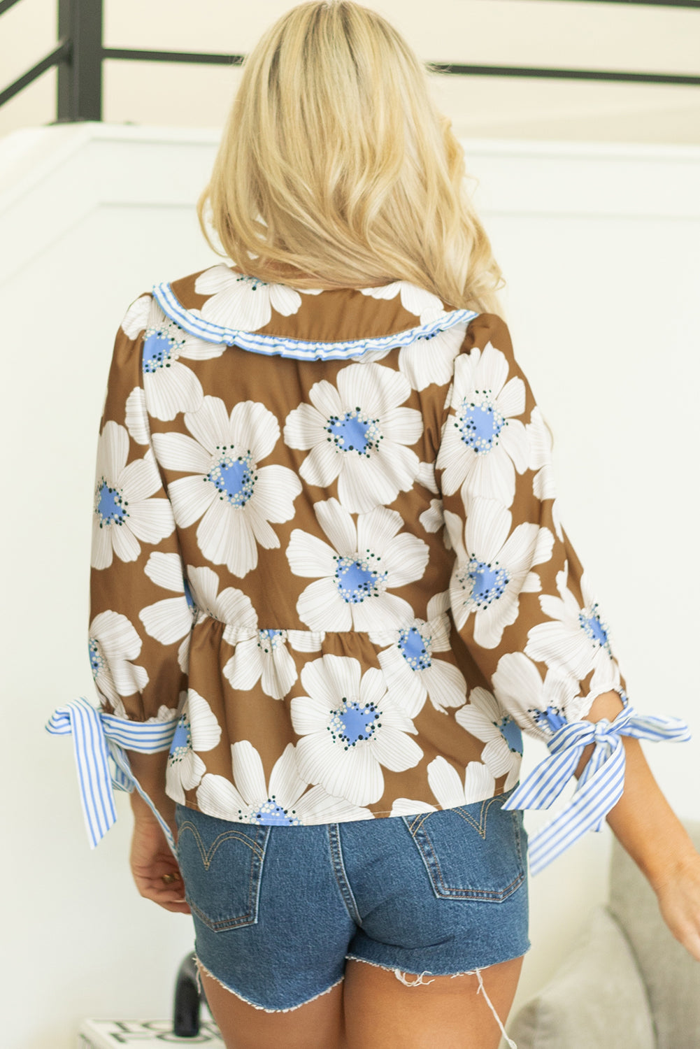 Emberly Tie Sleeve Collared V Neck Blouse