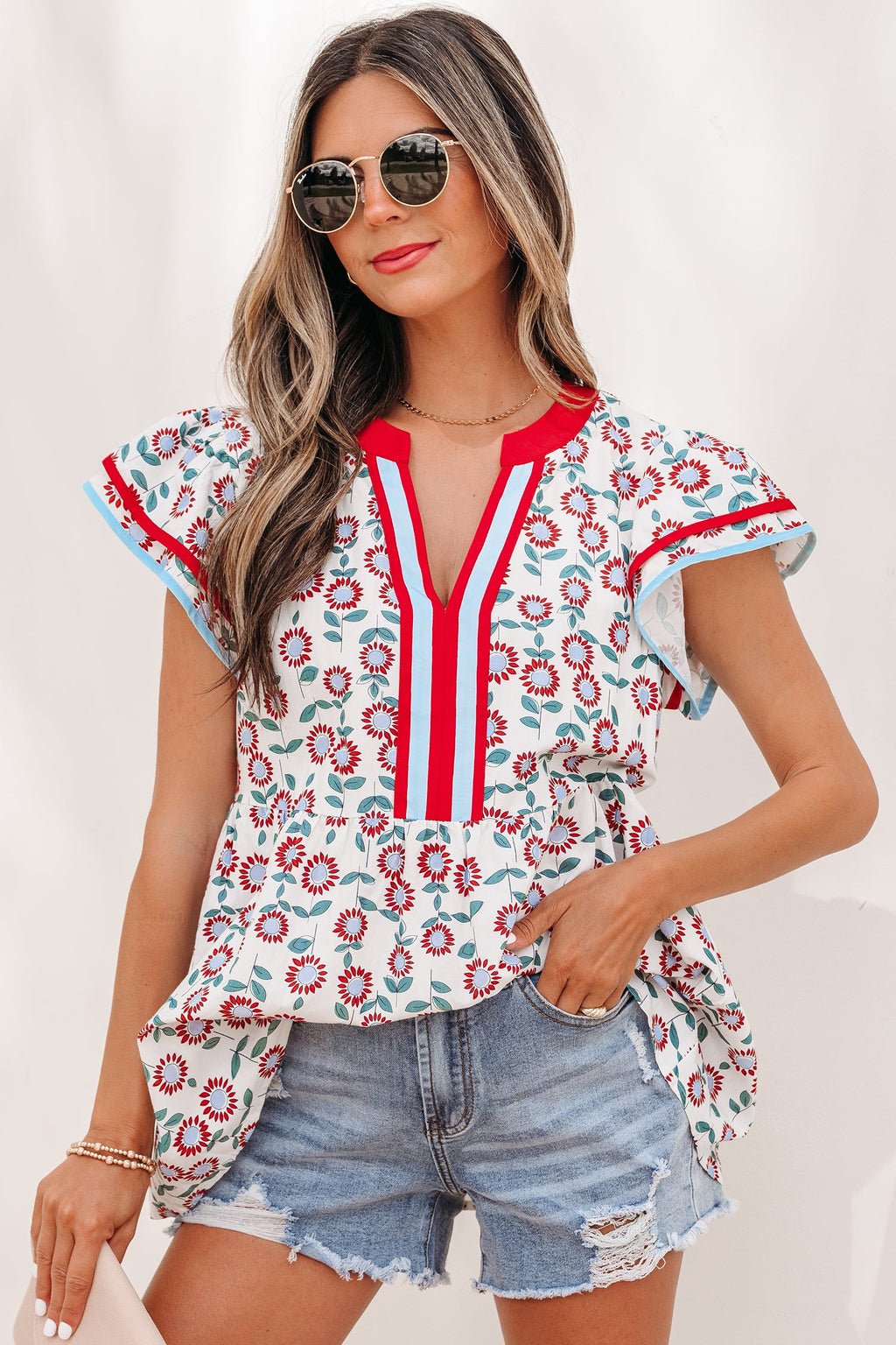 Avery Trim Flutter Sleeve Blouse