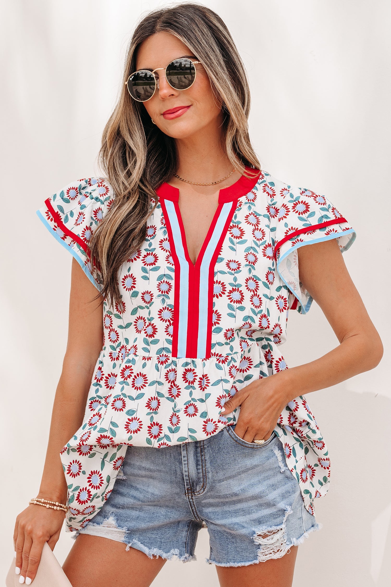 Avery Trim Flutter Sleeve Blouse