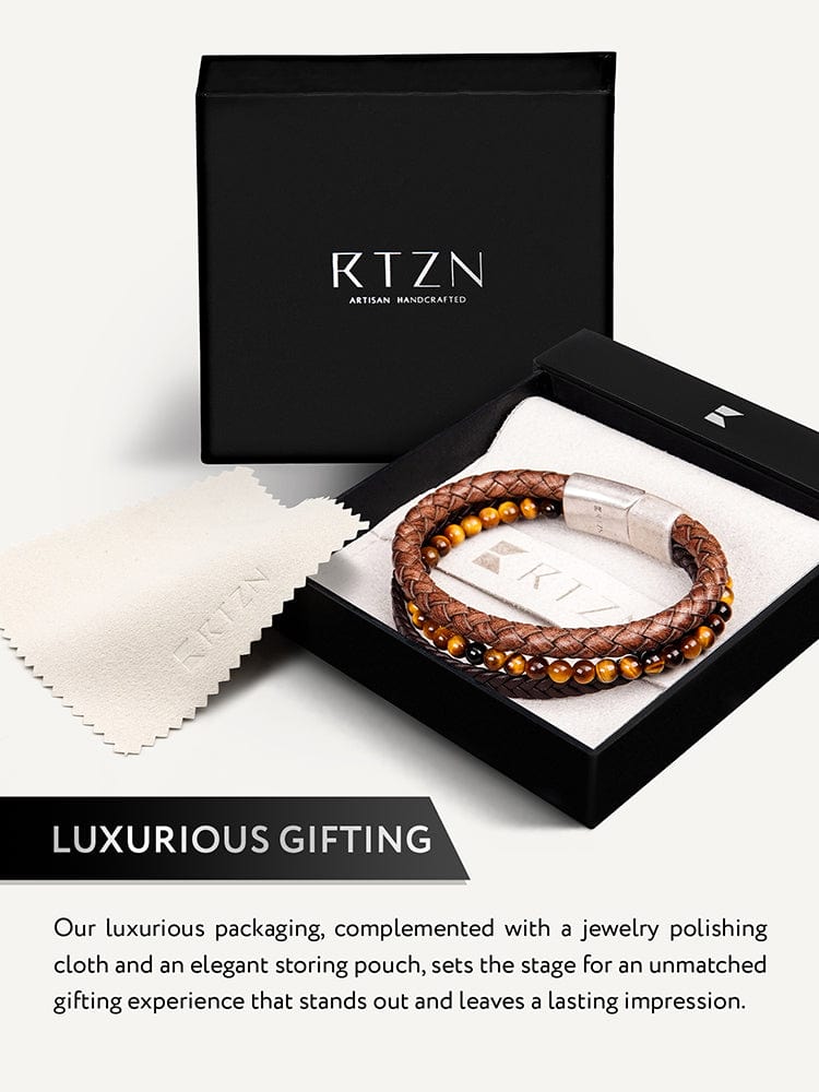 Stacked Brown Leather & Tiger Eye Bead Bracelet