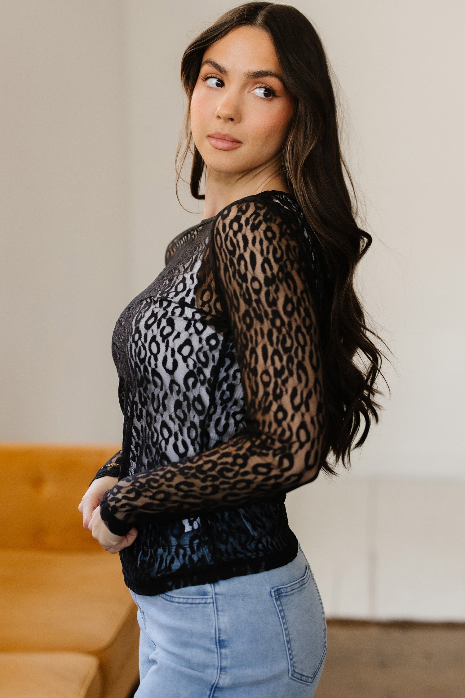 Denver Pattern Sheer Mesh Long Sleeve Top