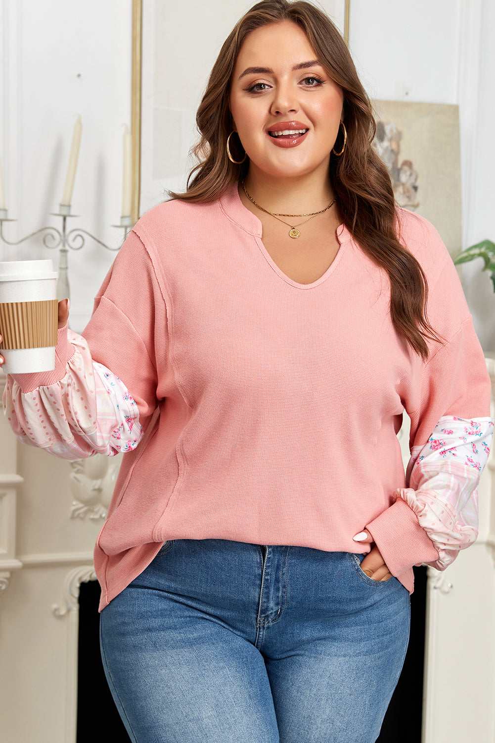 Soraya Waffle Knit Notched PLUS Top