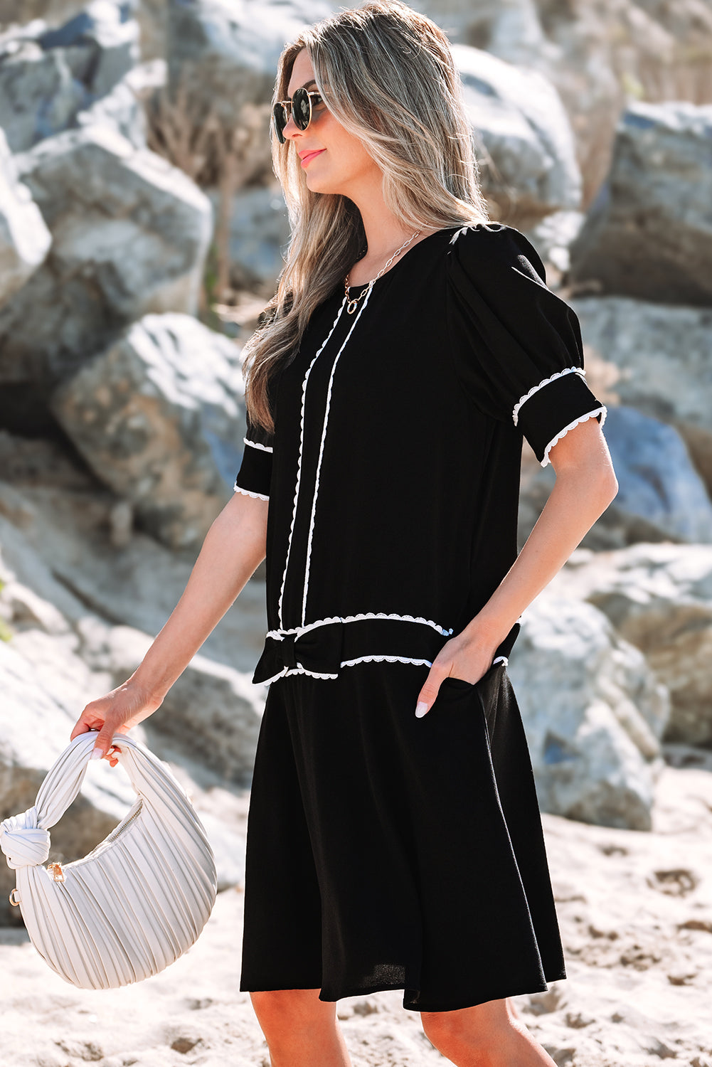 Birdie Scallop Trim Bow Detail Half Sleeve Dress