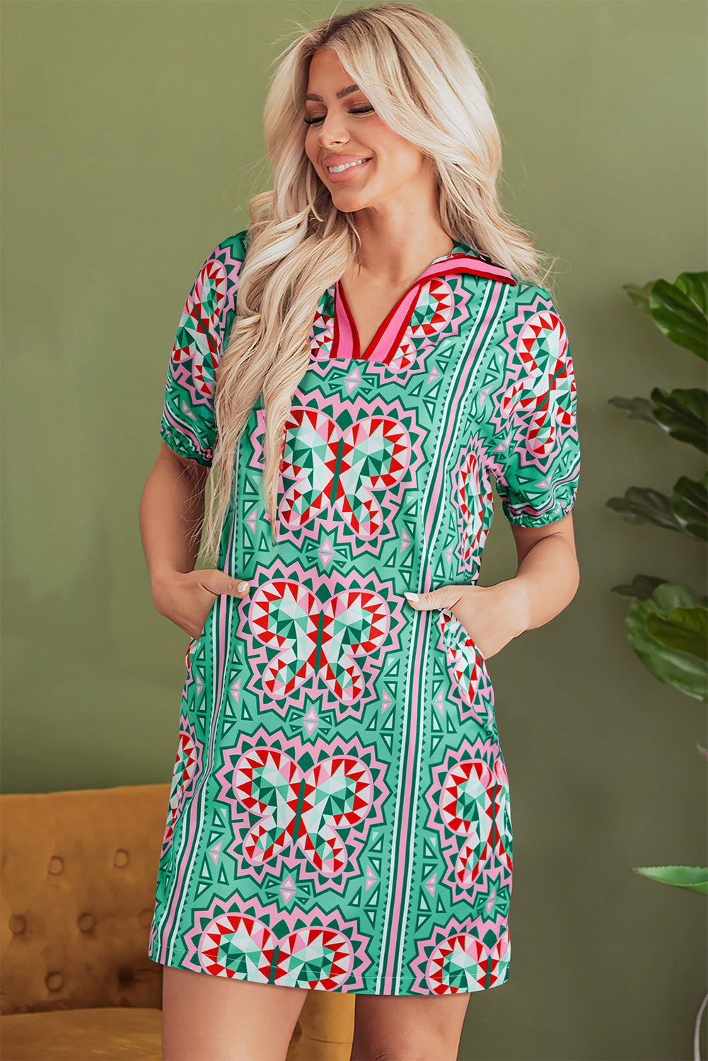 Isabela Butterfly Print Split Neck Short Sleeve Dress