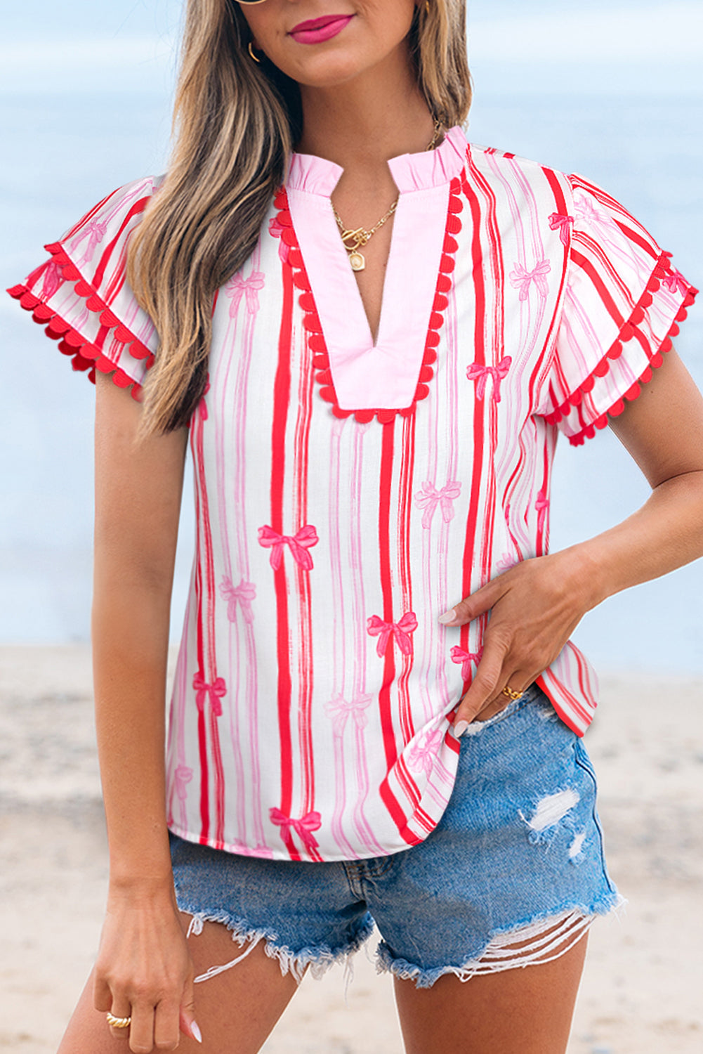 Kaya Ric-rac Trim Ruffled Sleeve Blouse