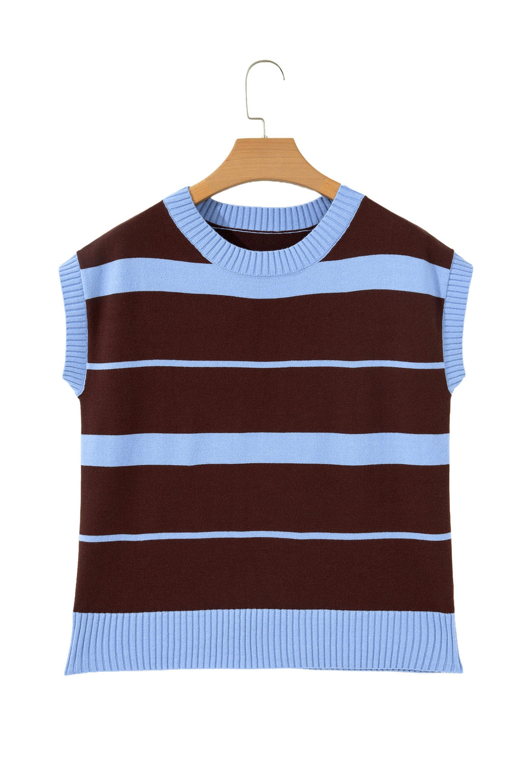 Sky Blue Stripe Striped Short Sleeve Round Neck Casual Knit Top
