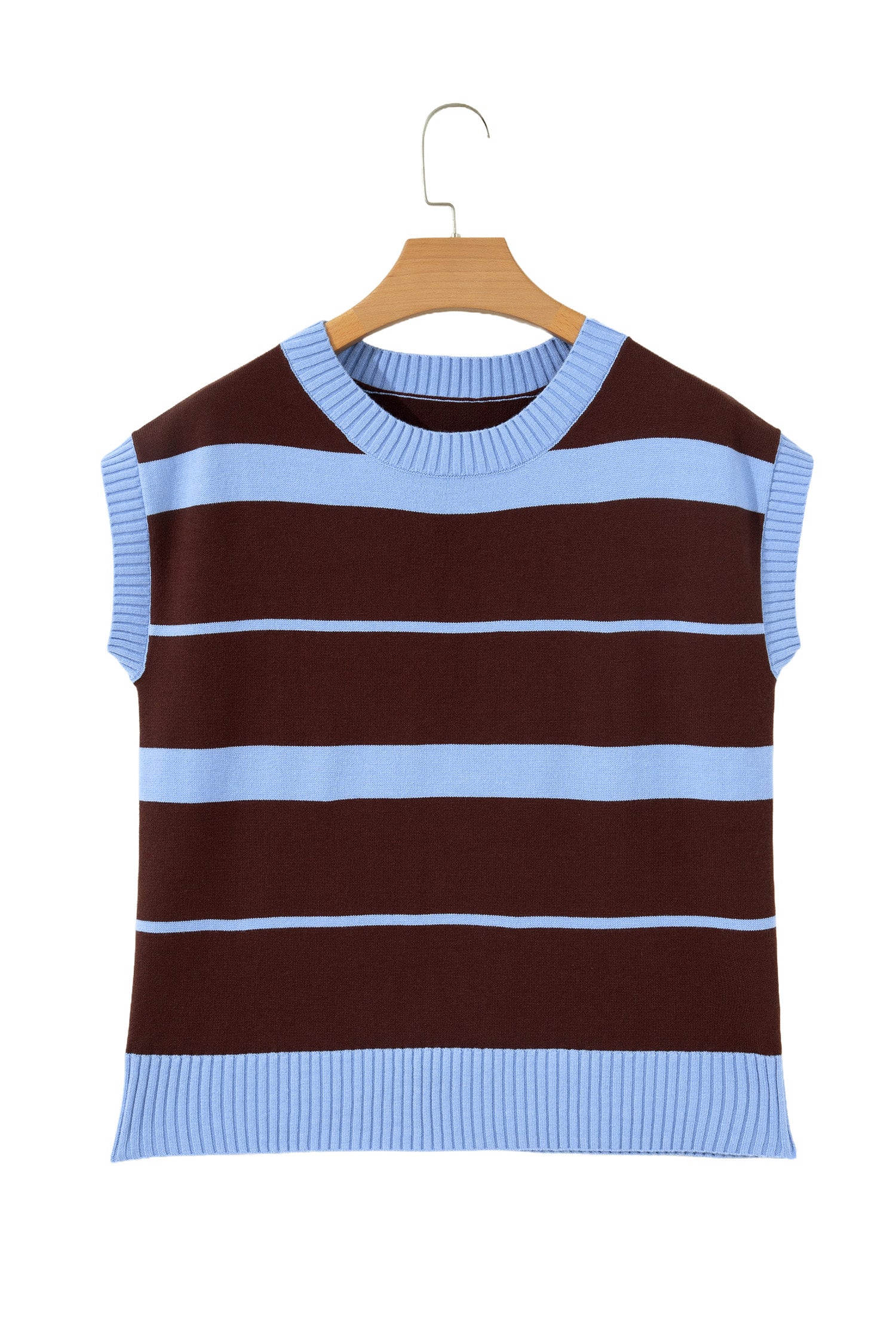 Sky Blue Stripe Striped Short Sleeve Round Neck Casual Knit Top
