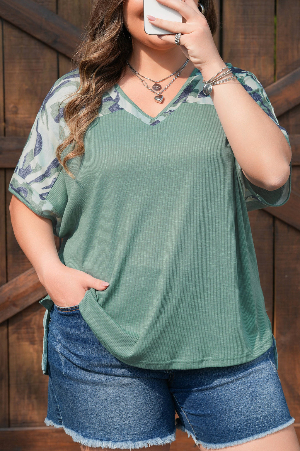 Mazie Mist Ribbed Patchwork PLUS Tee