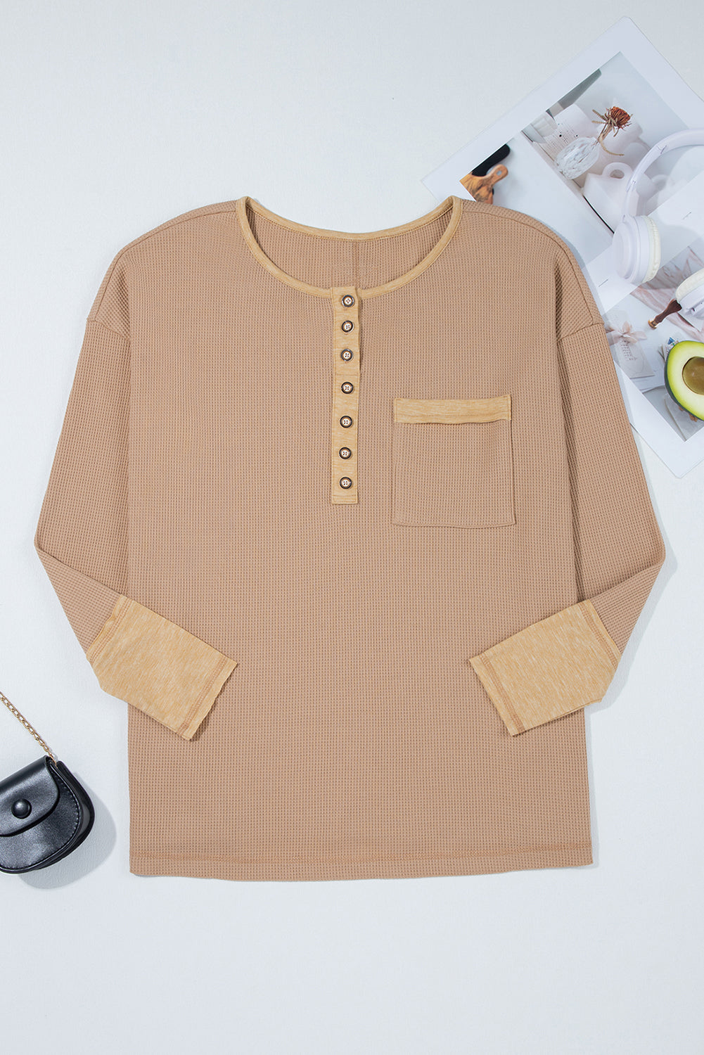 Blake Waffle Textured Tunic Henley Top with Slits