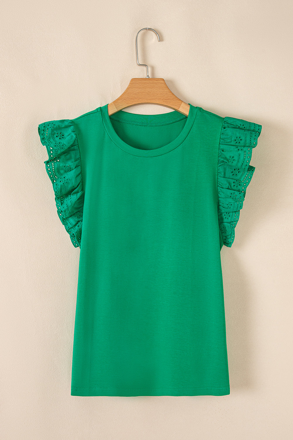 Nellie Embroidered Ruffled Sleeve Slim Fit Crew Neck Top