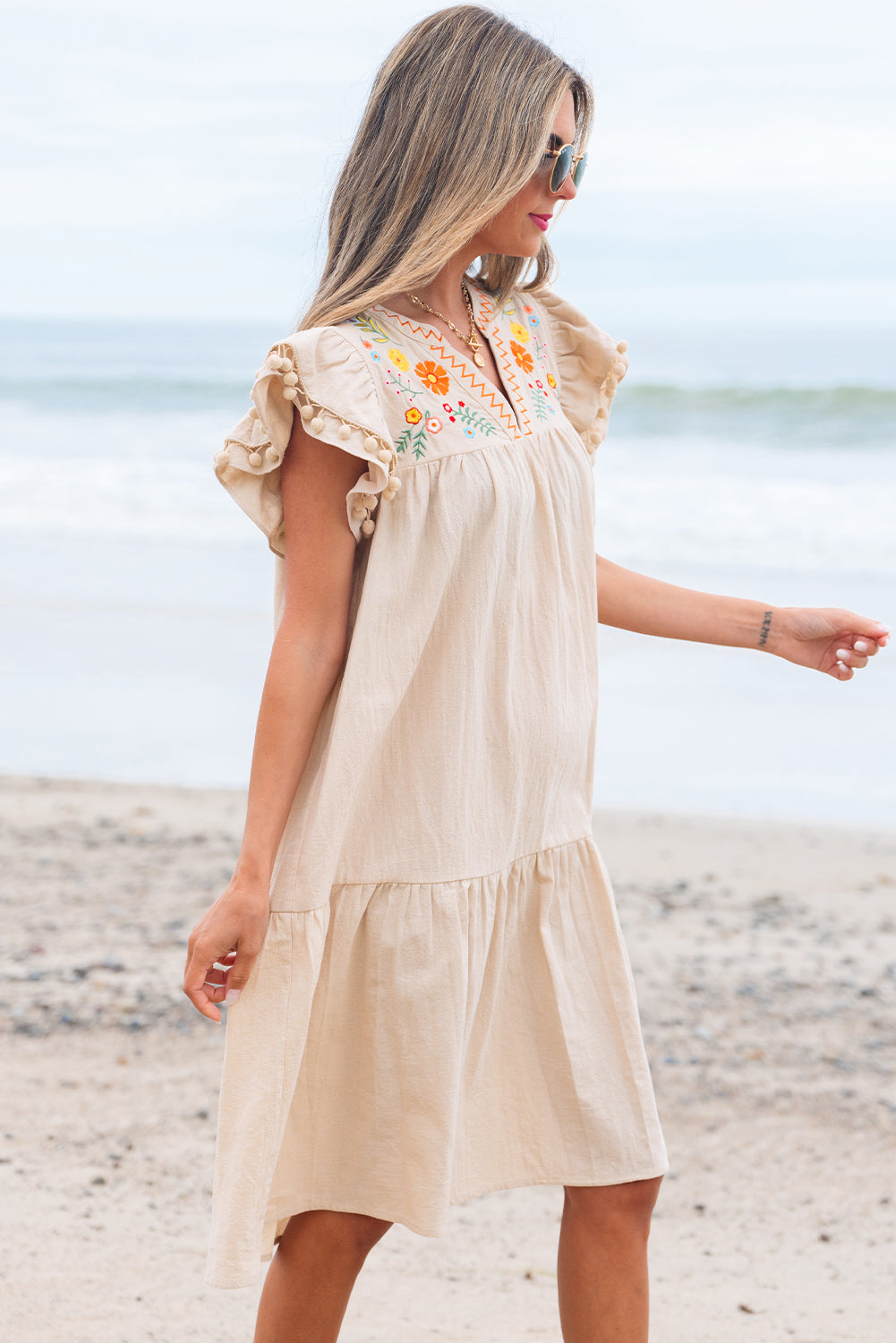 Meredith Embroidery Split Neck Short Dress