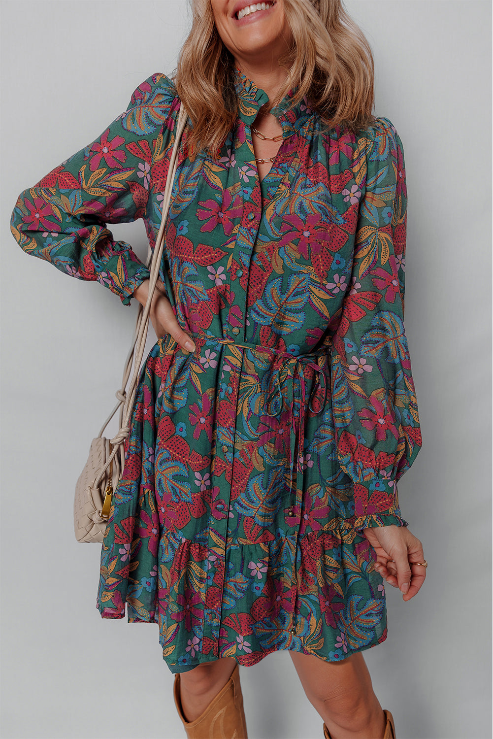 Maria Floral V Neck Puff Sleeve Dress