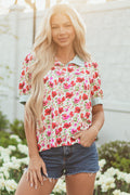 Romy Floral Striped Patchwork Collared Short Sleeve Blouse