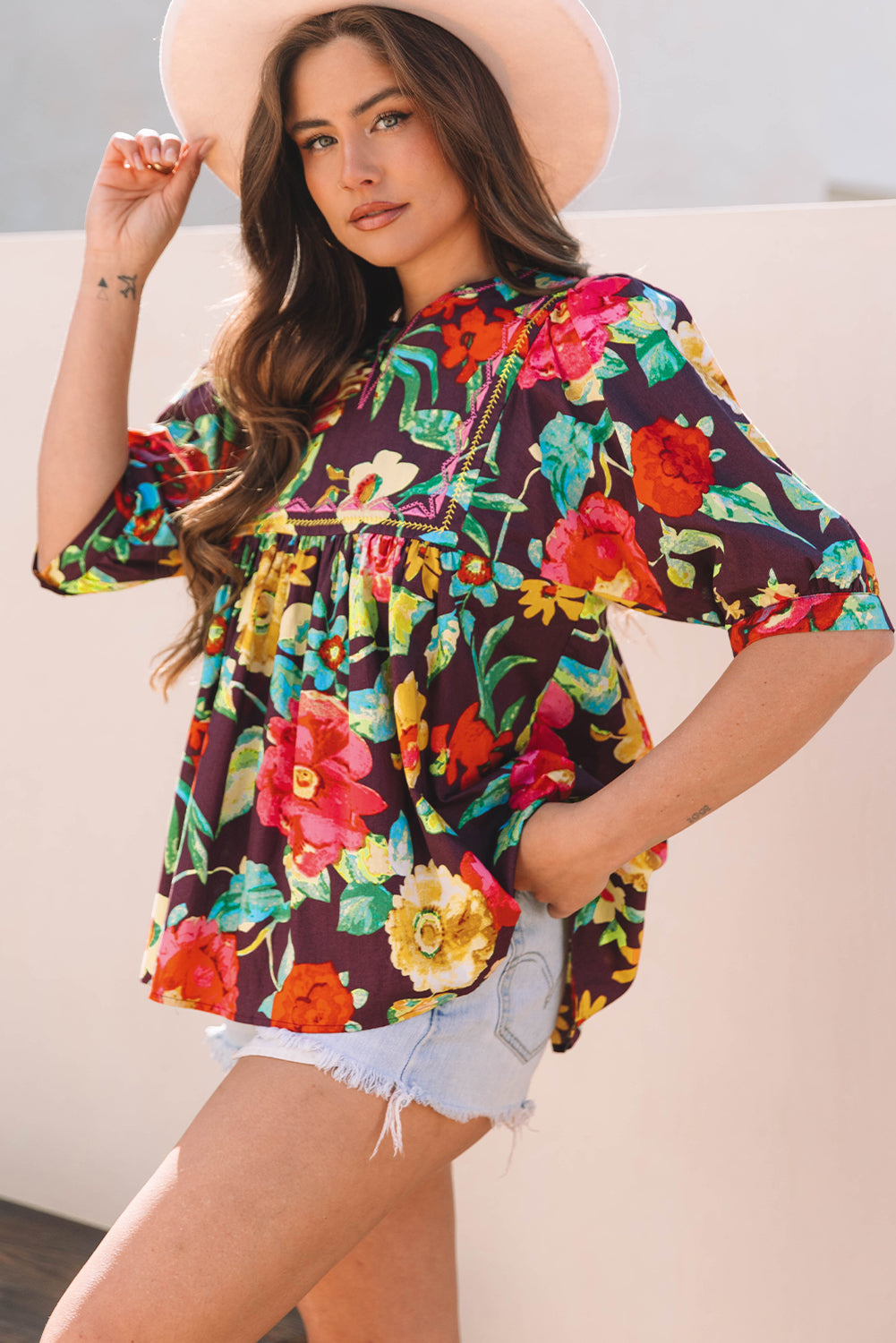 Adhara Flower Embroidered Trim Half Sleeve Blouse