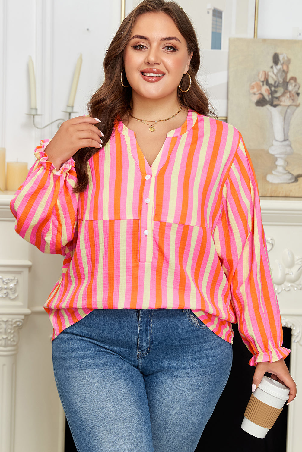 Teresa Stripe Crinkled Half PLUS Blouse