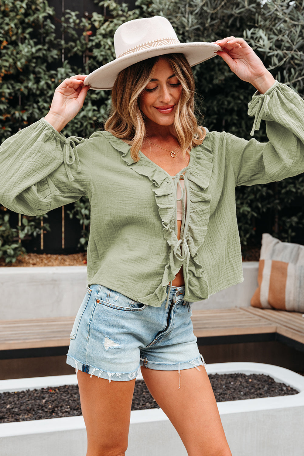 Natalia Bow Tie Front Ruffle Trim Long Sleeve Gauze Blouse