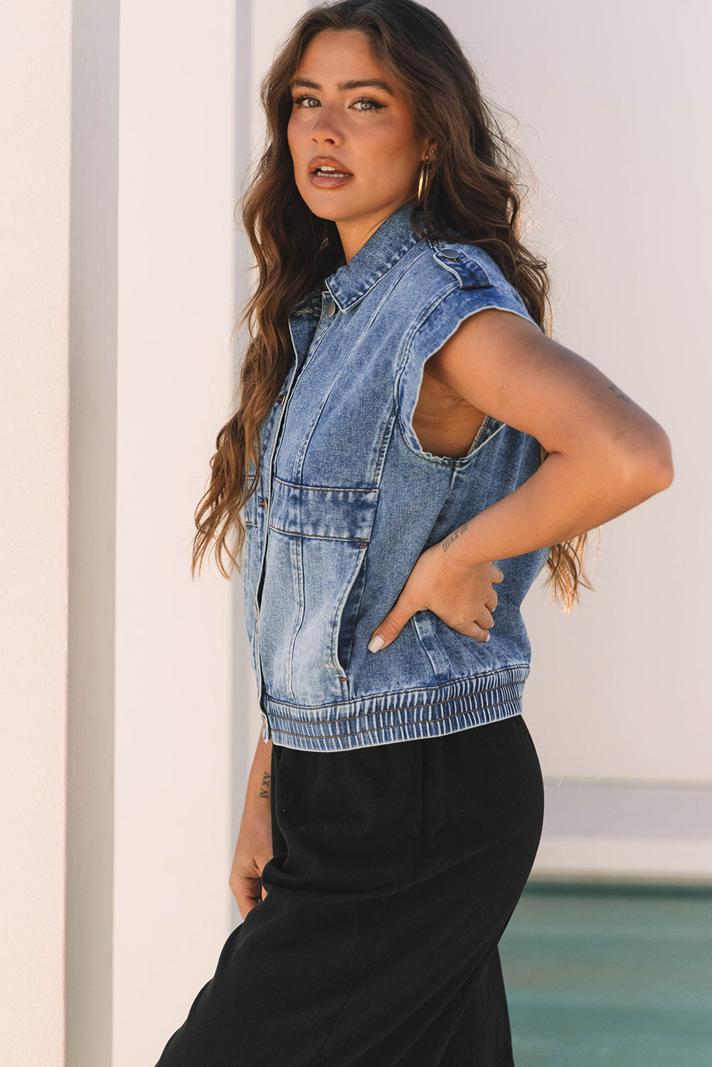 Nora Blue Acid Wash Elastic Hem Button Up Denim Vest