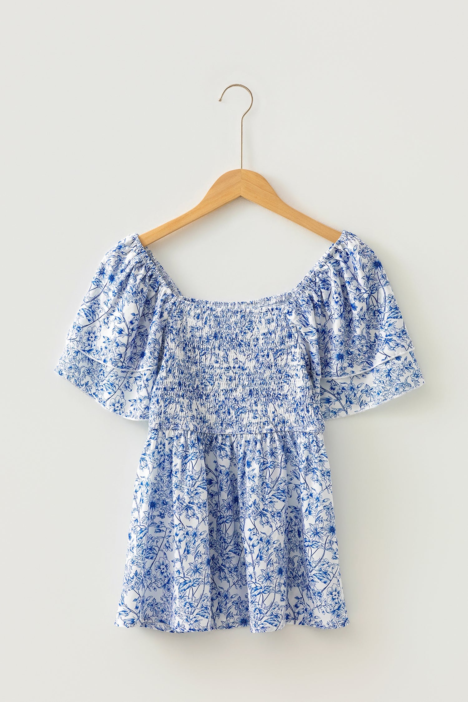 Sky Blue Floral Print Square Neck Ruffled Sleeve Shirred Babydoll Blouse