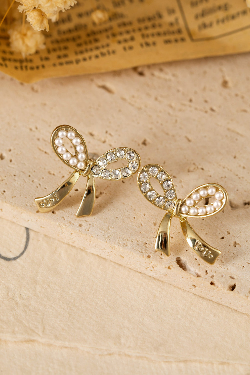 Winter Rhinestone Pearl Bow Earrings