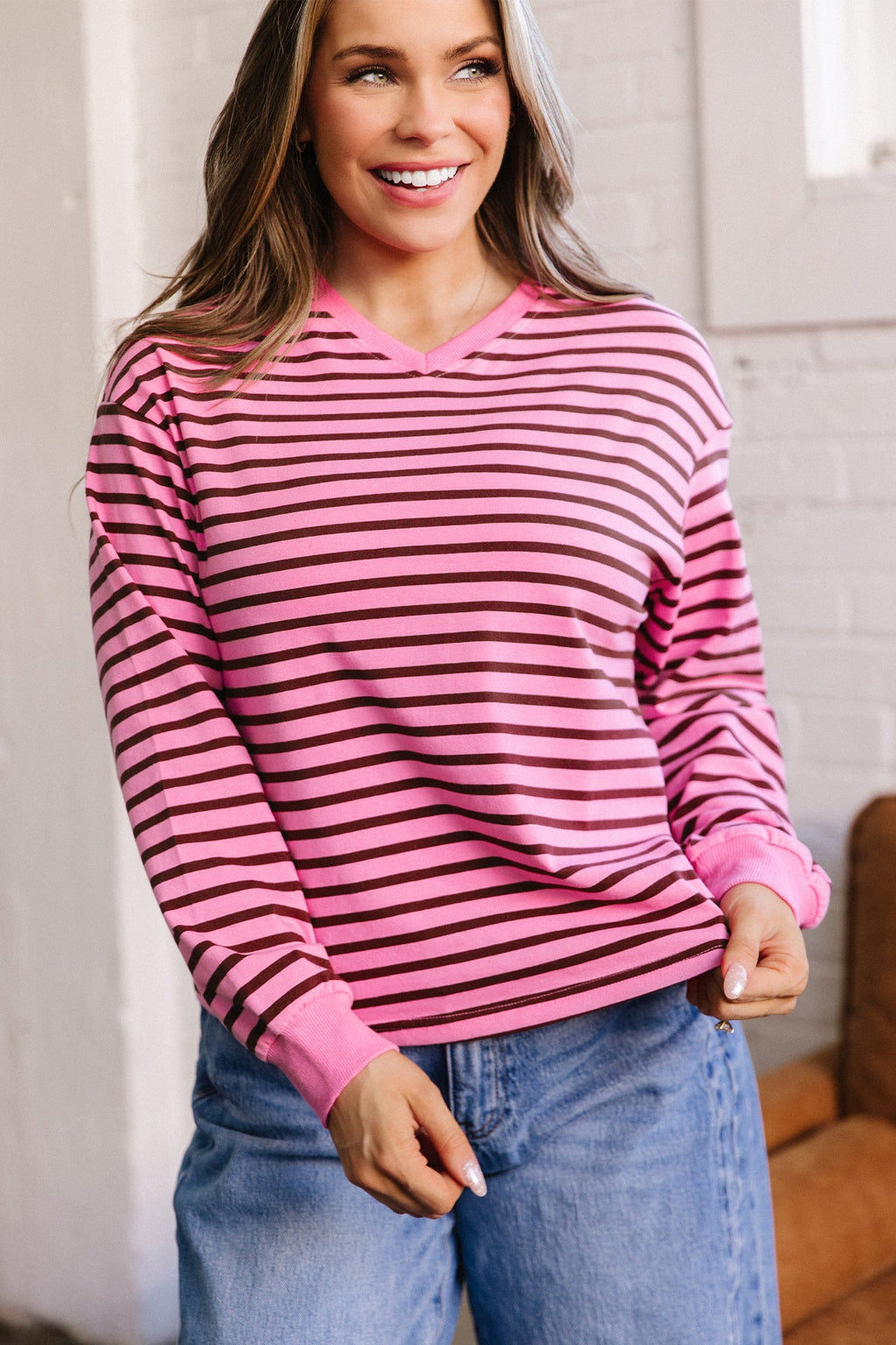 Novalee Stripe Drop Shoulder Long Sleeve Top