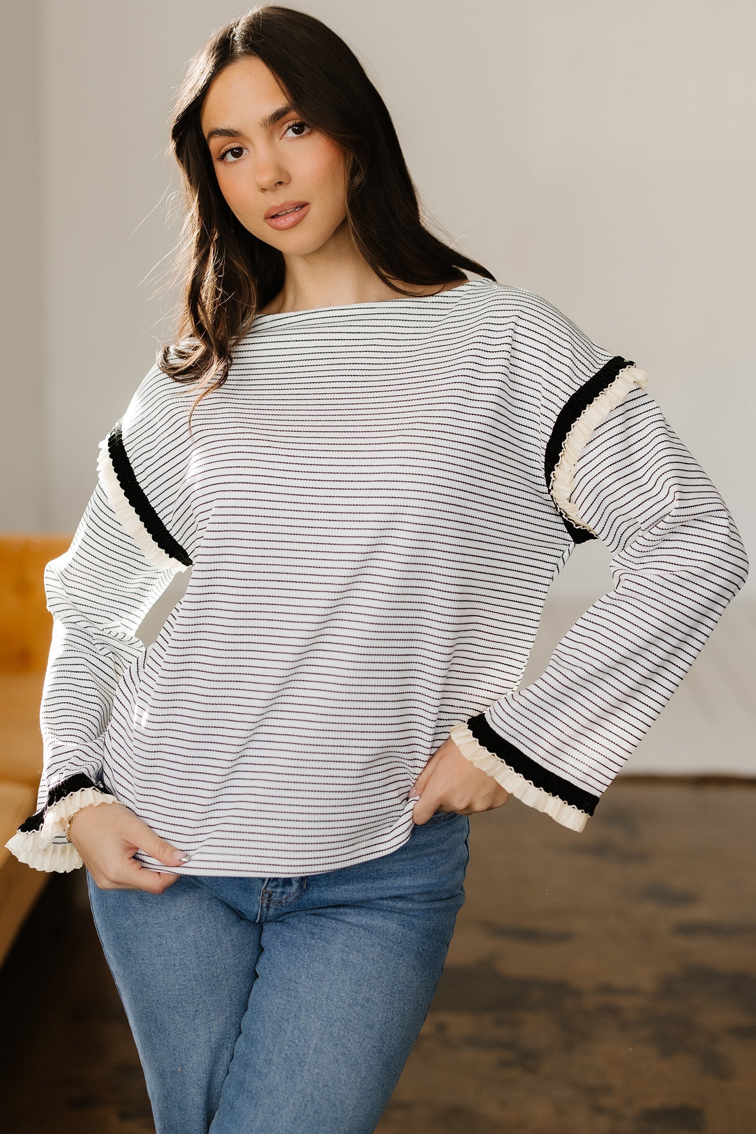 Anya Ruffle Trim Loose Long Sleeve Top