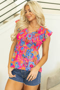 Zaniyah Floral Smocked Ruffle Trim Flutter Sleeve Blouse