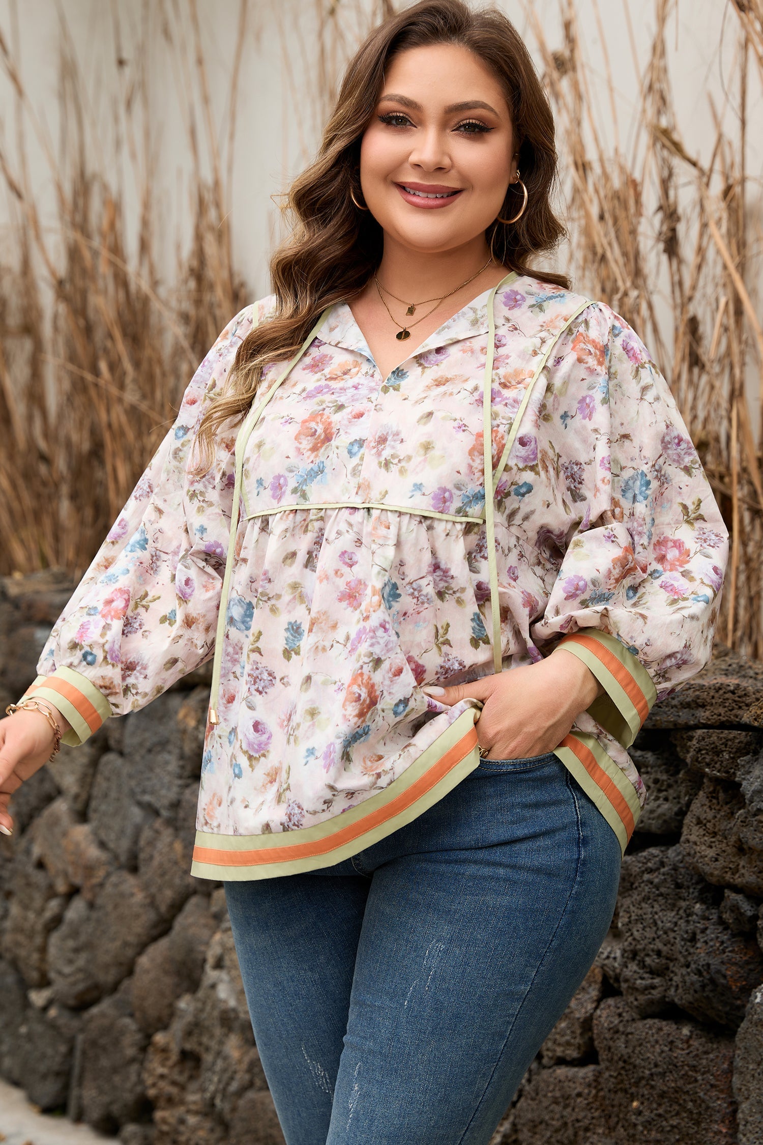 Andi Striped Detail Babydoll PLUS Blouse