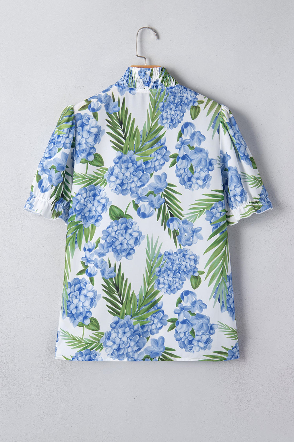 Sky Blue Palm Floral Print Striped Patchwork V Neck Short Sleeve Blouse