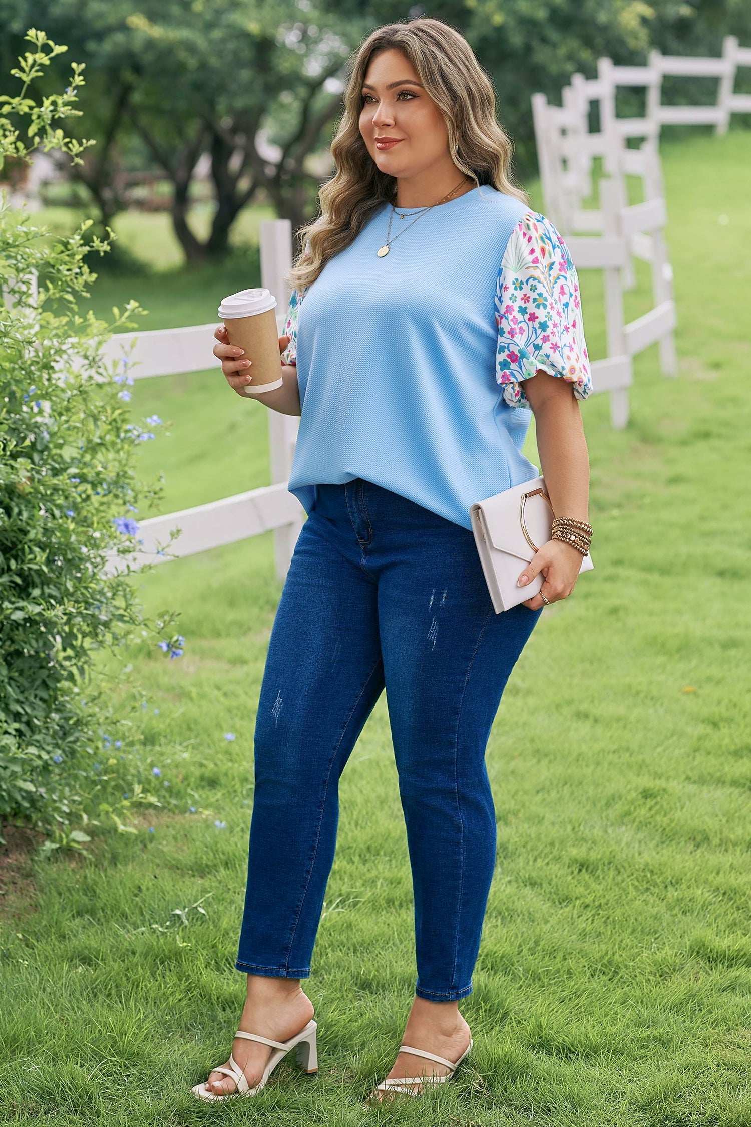 Raelynn Contrast Floral Sleeve PLUS Top