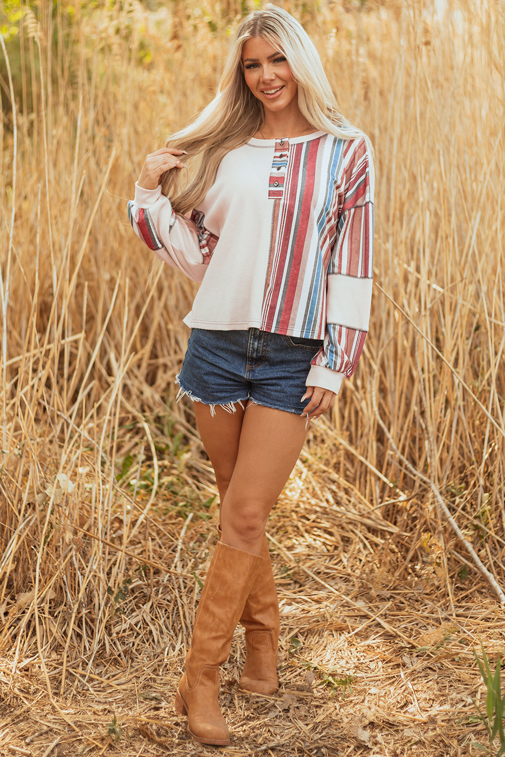Elizabeth Striped Waffle Exposed Seam Casual Knit Top