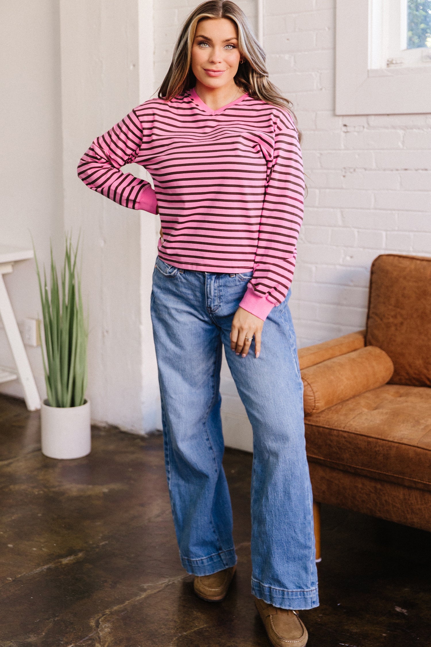Novalee Stripe Drop Shoulder Long Sleeve Top