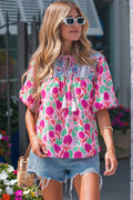 Jade Patchwork Tassel Tie Blouse