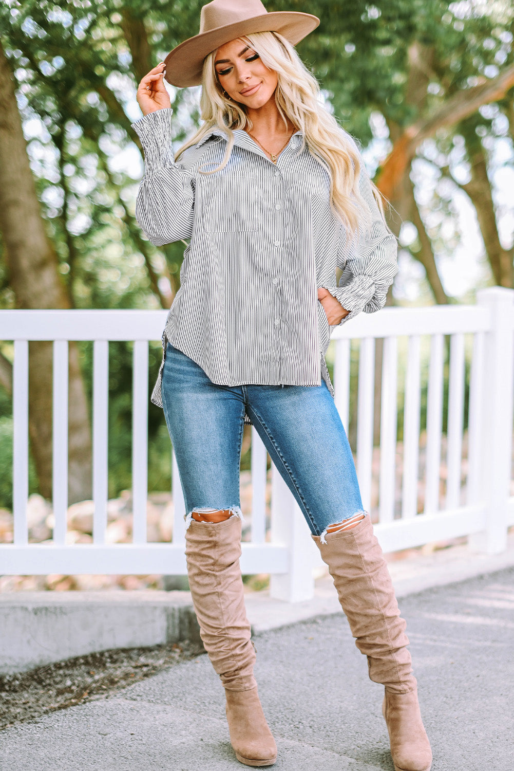 Skye Smocked Cuffed Striped Boyfriend Shirt with Pocket