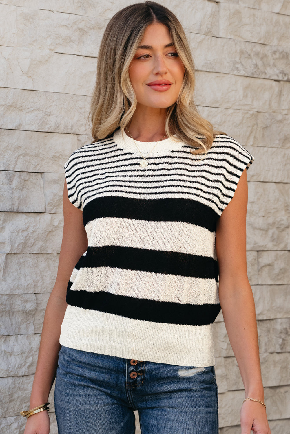 Irene Striped O Neck Sweater Vest