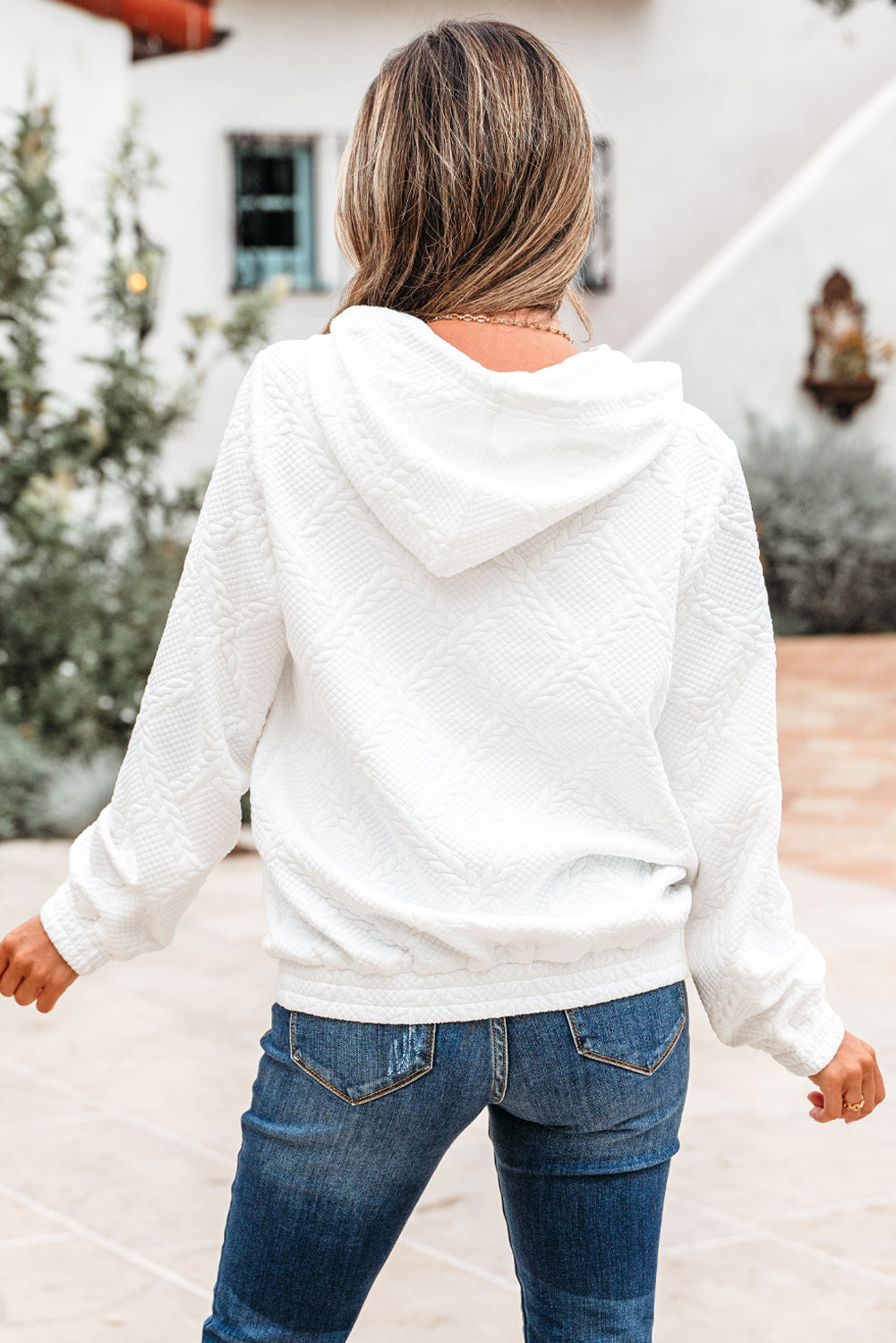 Magnolia Cable Lattice Texture Kangaroo Pocket Hoodie