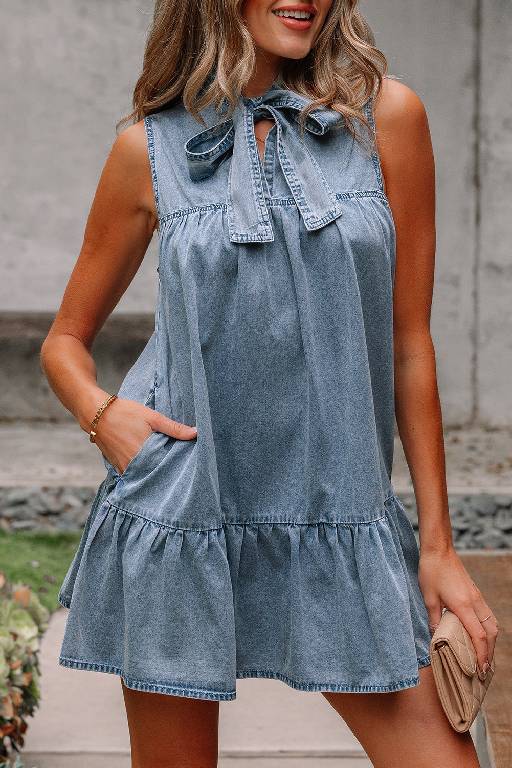 Clare Sleeveless Ruffled Chambray Dress