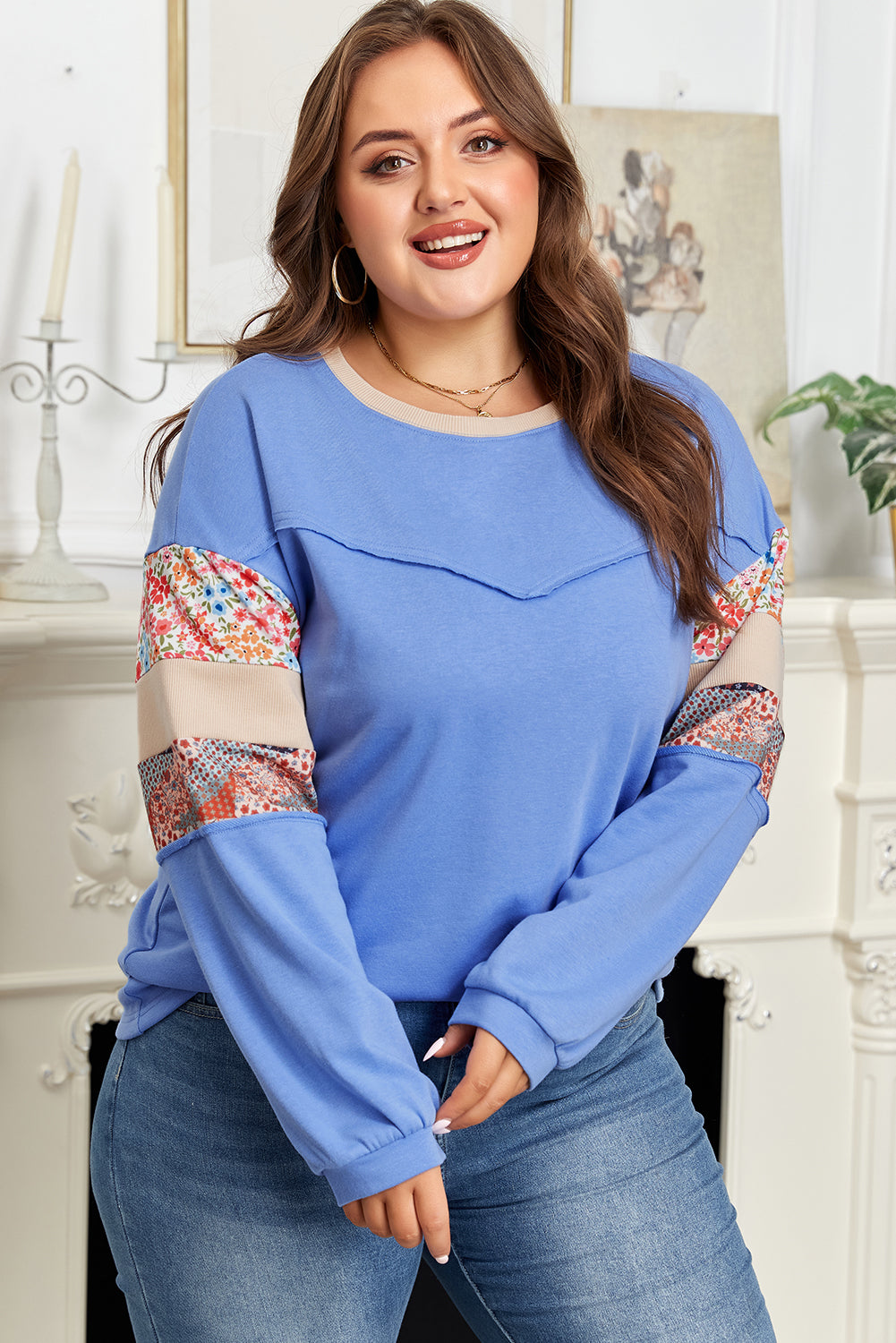 Khaki Exposed Seam Floral Mixed Patchwork Relaxed Plus Size Top