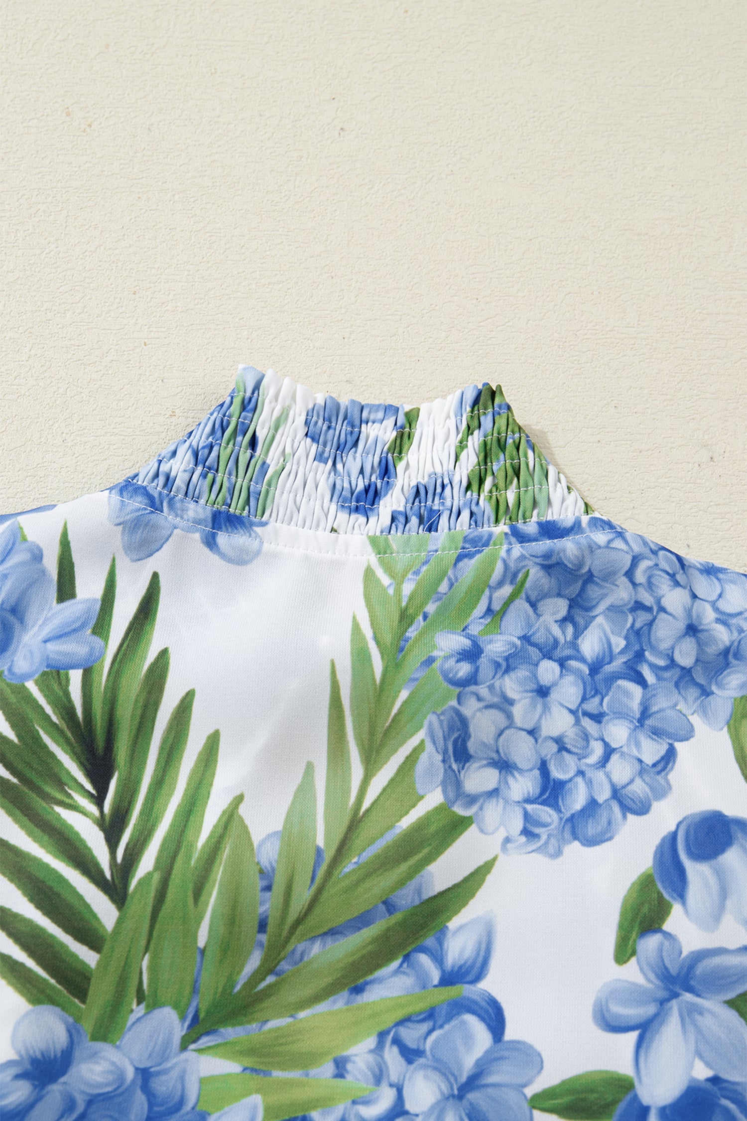 Sky Blue Palm Floral Print Striped Patchwork V Neck Short Sleeve Blouse