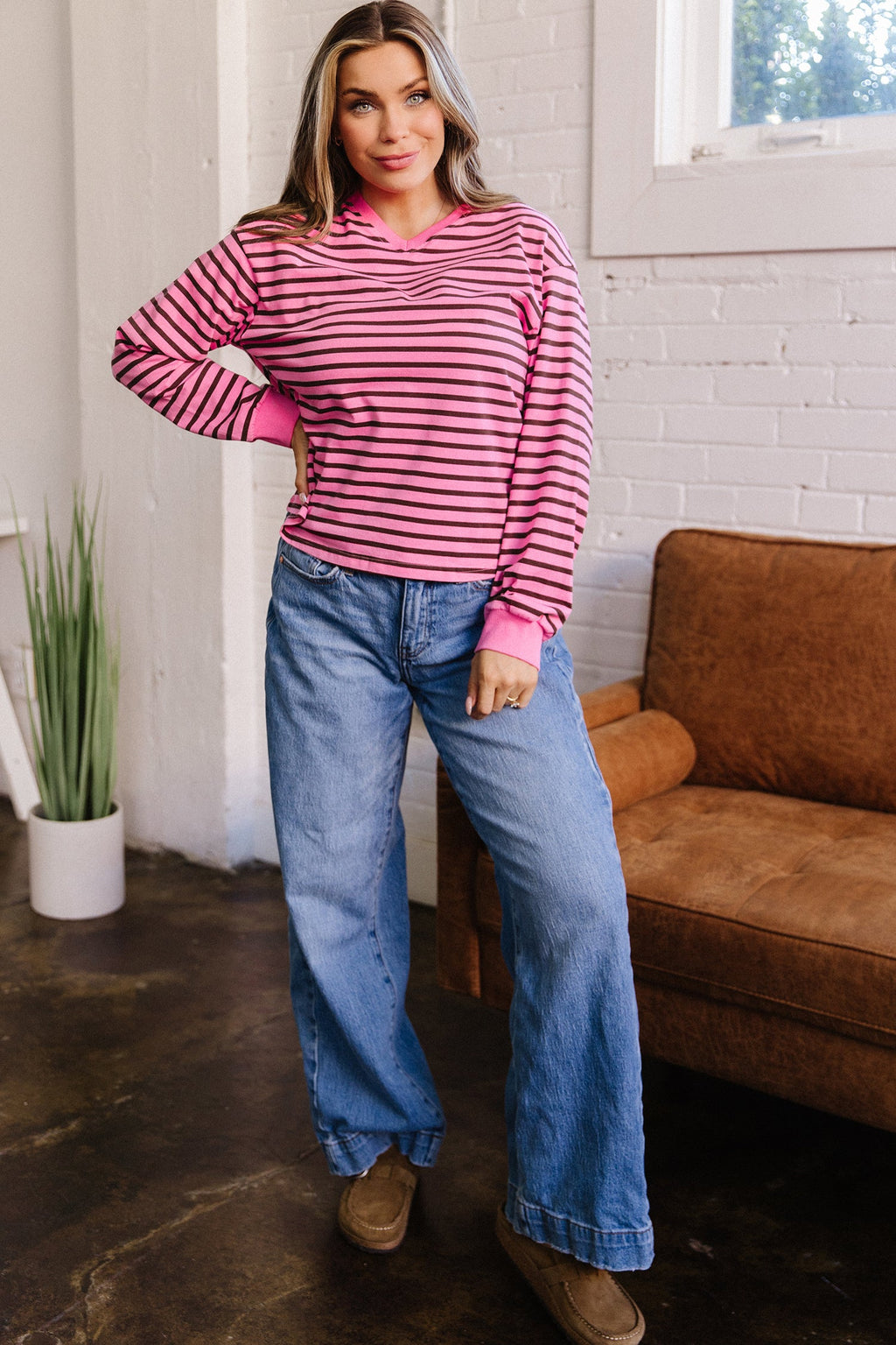 Novalee Stripe Drop Shoulder Long Sleeve Top