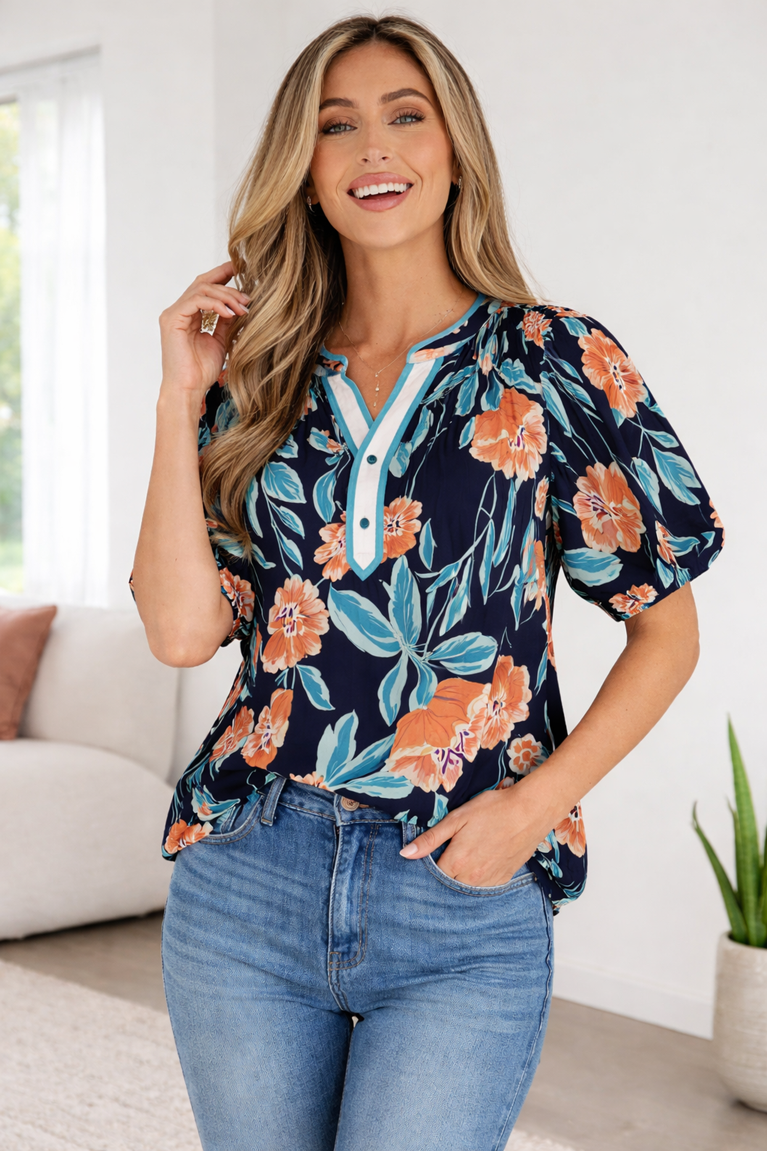 Ila Bubble Sleeve Notched Blouse