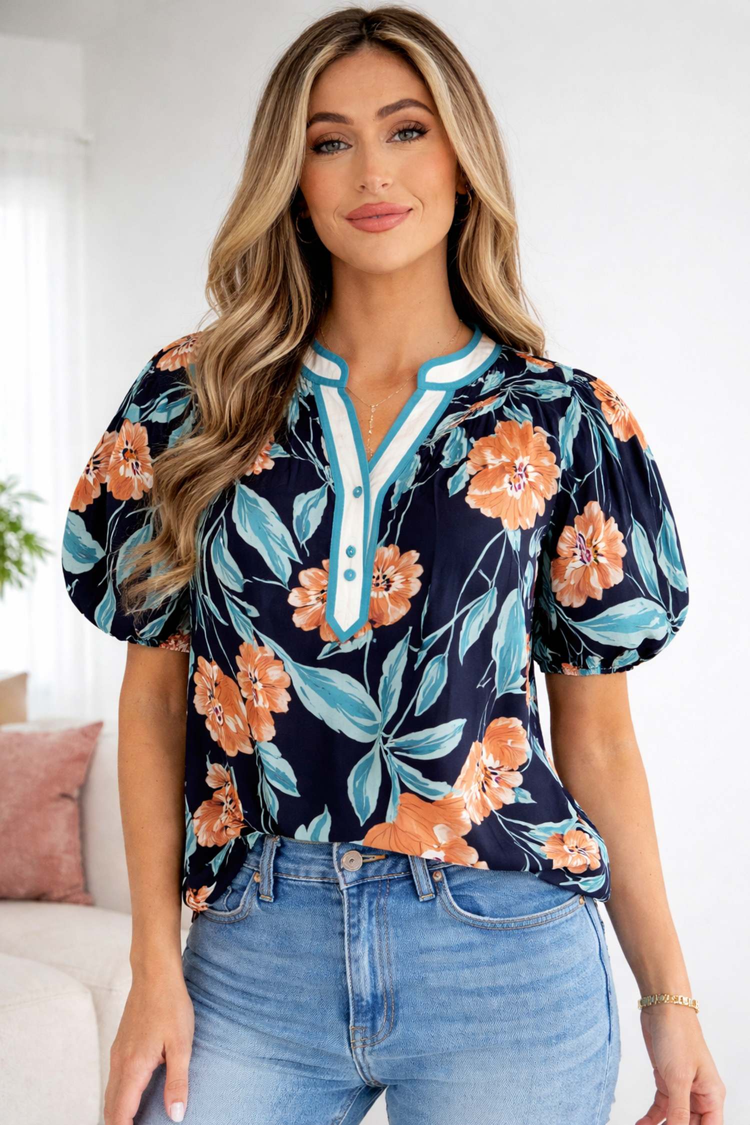 Ila Bubble Sleeve Notched Blouse