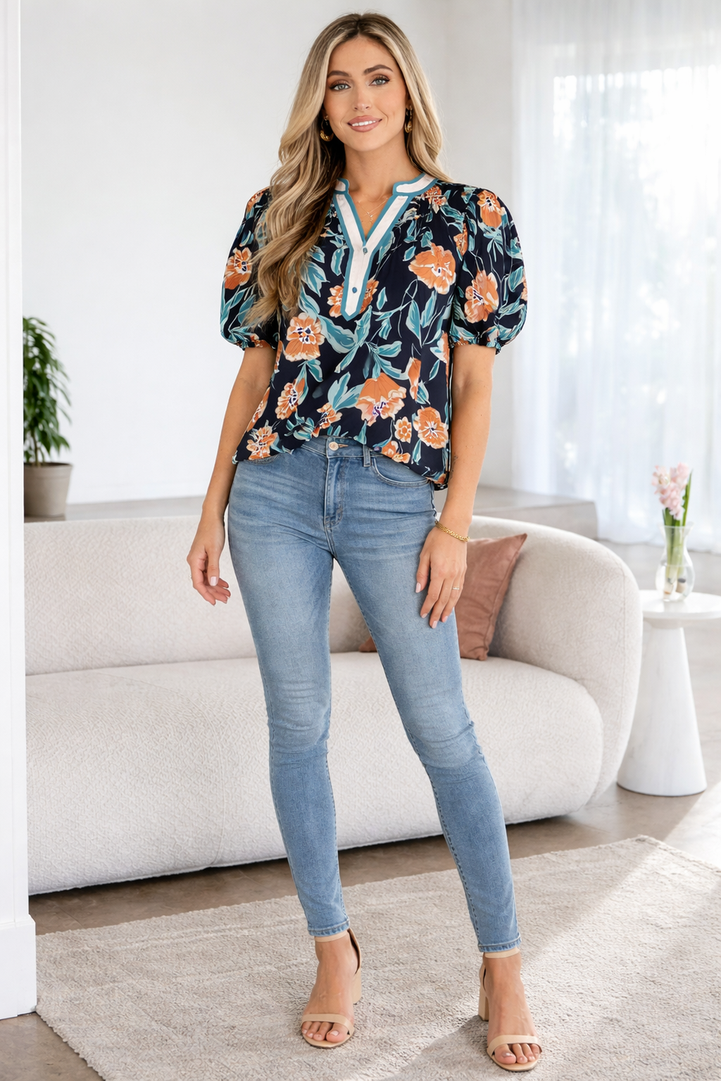 Ila Bubble Sleeve Notched Blouse