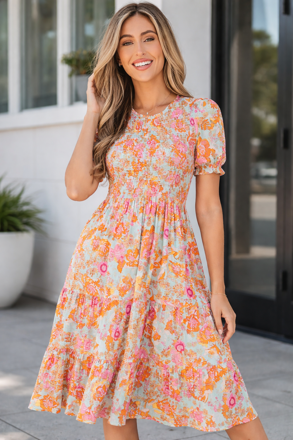Wynter Smocked Flowy Ruffle Dress