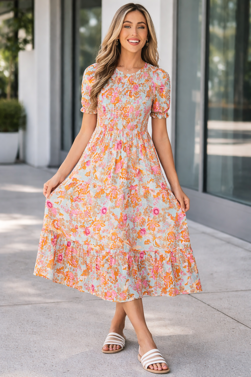 Wynter Smocked Flowy Ruffle Dress