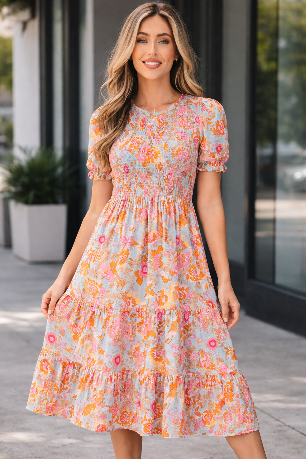 Wynter Smocked Flowy Ruffle Dress