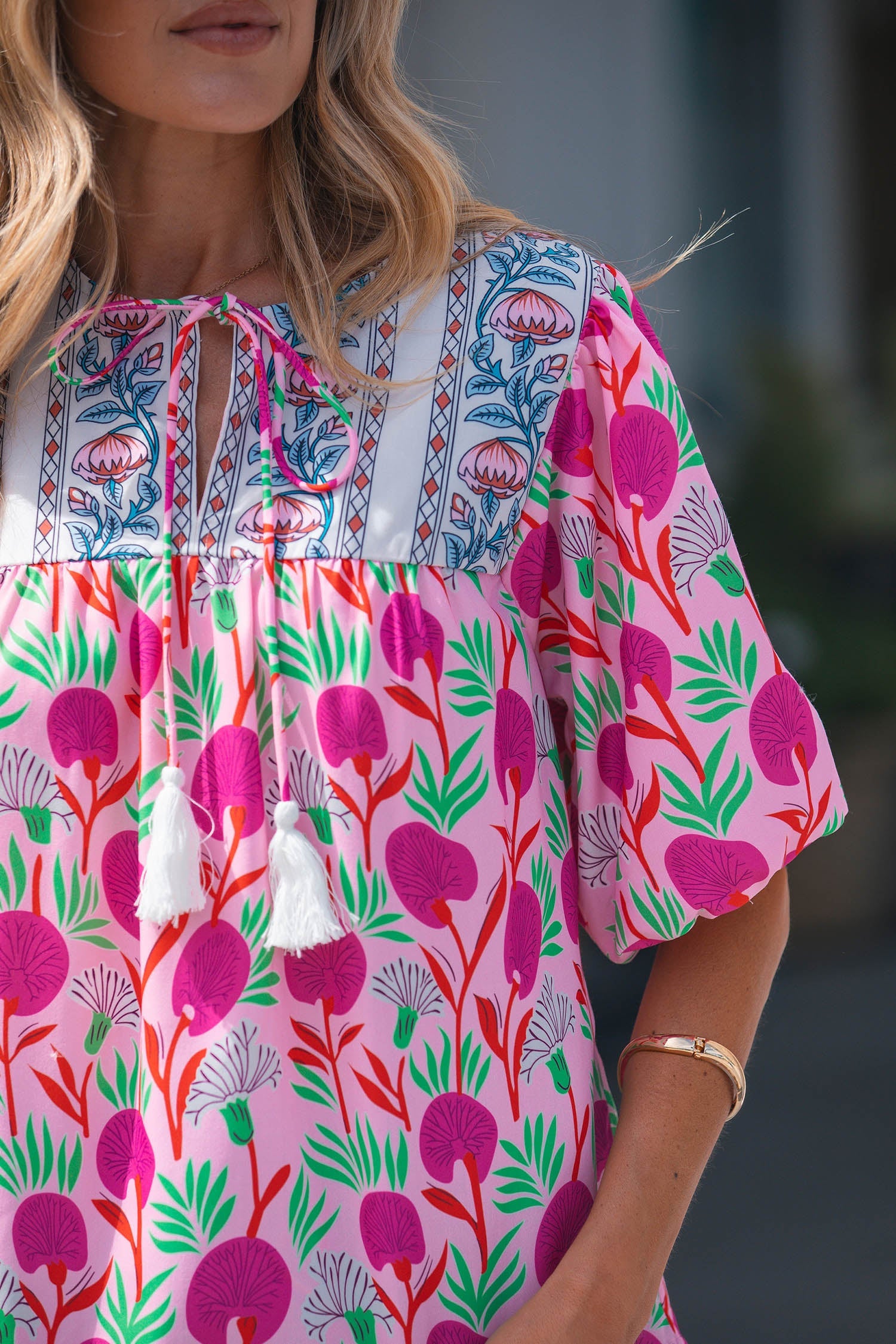 Jade Patchwork Tassel Tie Blouse