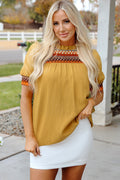 Jazlyn Geometric Short Puff Sleeve Frilled Blouse