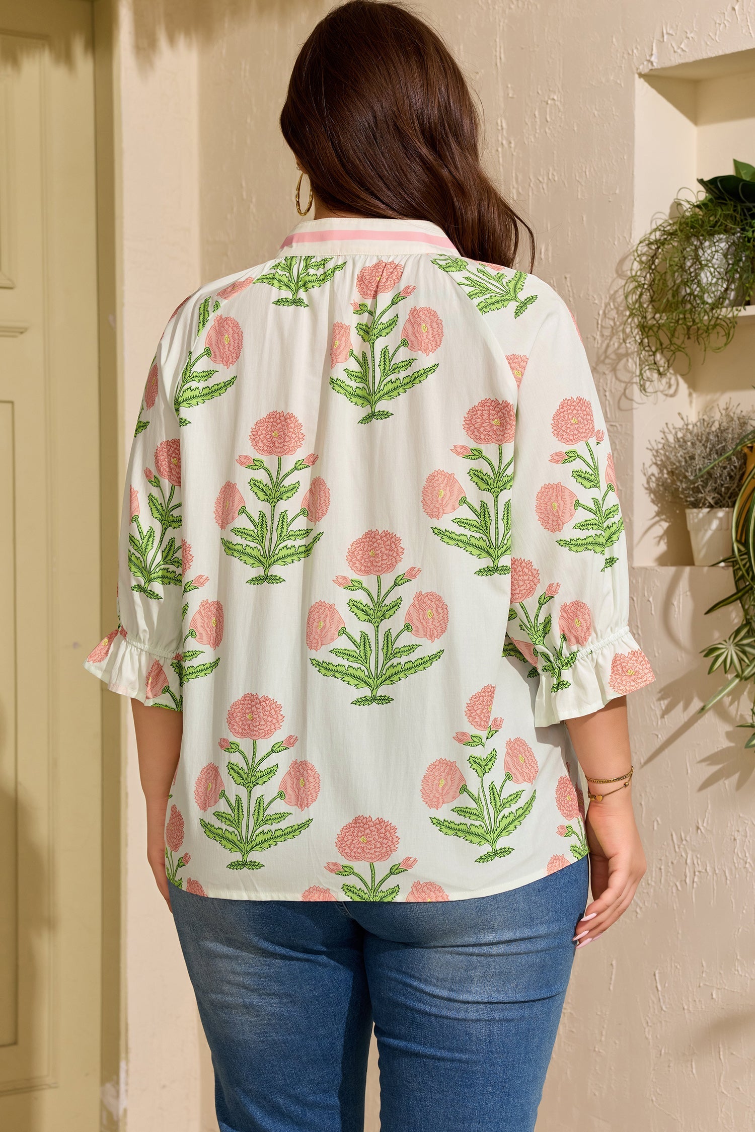 Giuliana Print Striped Trim PLUS Blouse