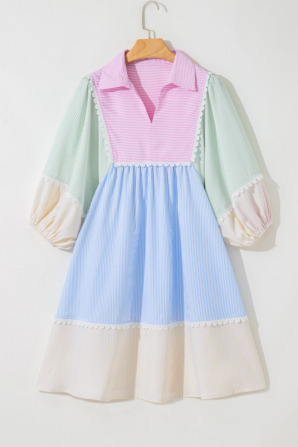 Joelle Striped Ric Rac Puff Sleeve Collared Mini Dress